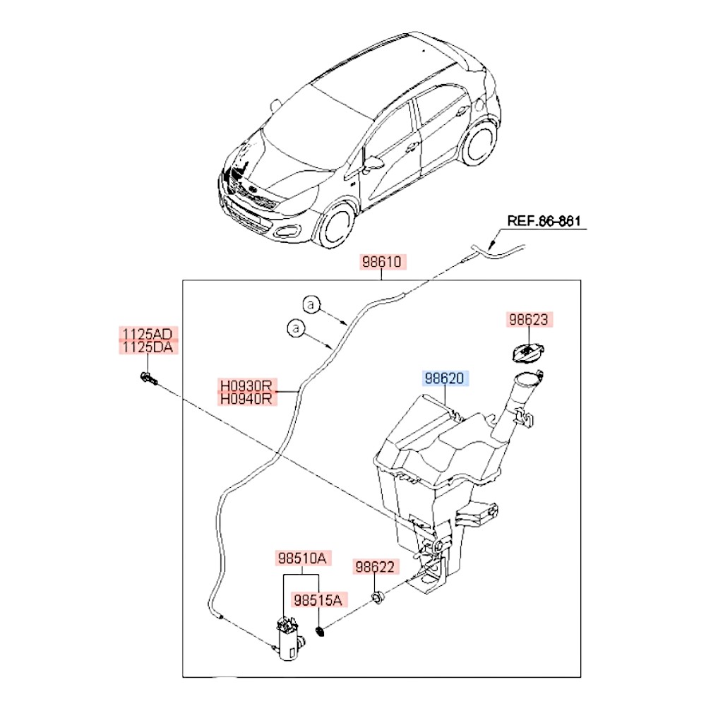 Бачок омывателя стекла лобового 2015-2017 г.в. Rio #. Артикул 986204Y200. Производитель JORDEN Китай. Изображение №1